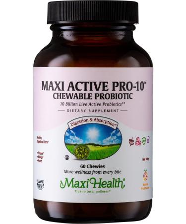 Maxi Health Active Pro-10 Kids Probiotic Chewables 15 Strains for Digestive & Immune Health 10 Billion probiotic Blend- Dairy-Free Kosher Supports Gut Health Vegetarian 60 ct (Shelf Stable) 60 Count (Pack of 1)