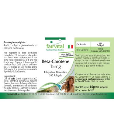 Fairvital | B ta-carot ne 15mg - 200 g lules - 15 mg par g lule correspondent 25.000 UI - qualit contr l e et hautement dos - Fabriqu en Allemagne - Buy Online on GoSupps.com