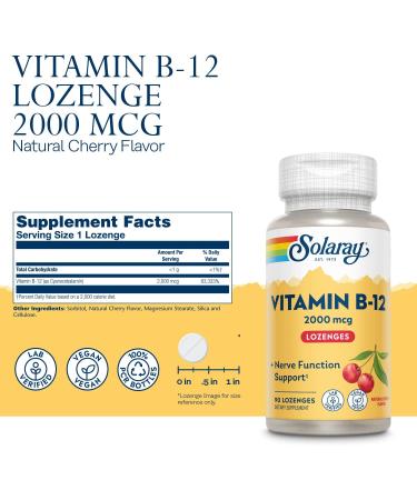 Buy Solaray Vitamin B-12 2000 mcg Cherry Flavor - 90 Lozenges | Boost Energy & Support Metabolism - Buy Online on GoSupps.com