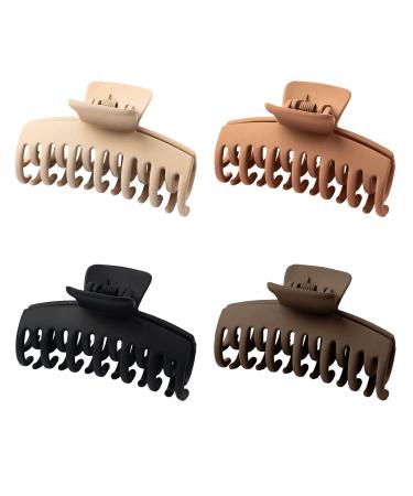 BYNAINAN Hair Claw Clips for Women Thin Hair Large Hair Clips for Thick Hair Non Slip 3.5 Inch Double Row Hair Clips 4 Pack Matte Claw Clips (Black+Brown+Beige+Coffee)
