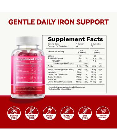 Iron Supplement Gummies with Lactoferrin Vitamin C B6 B12 & Zinc Gentle Vegan Sugar-Free Supports Healthy Blood Immune Health & Energy for Women Men & Kids Mixed Berry Flavor 60 Count Mixed Berry 60 Count (P  - Buy Online on GoSupps.com