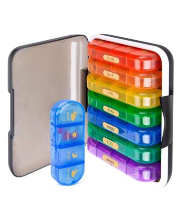 MURRI&MURRDI Large Weekly Pill Organizer 4 Times a Day Portable 7 Day Pill Box with Moisture-Proof Case Travel Pill Box for Vitamins Fish Oils Medications Supplements (28 Cells B Multi-Colored) B-multicolored 28 Cells