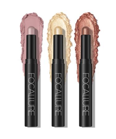 FOCALLURE 3 Pcs Cream Eyeshadow Stick Shimmer Eyeshadow Pencil Crayon High Pigmented Crease-proof Eye Shadow Brightener Stick Sets Long Lasting Waterproof Eye Shadow Highlighter Stick Make up (Burning Sky)