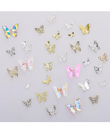 31-Piece Butterfly Nail Charms Set | 3D Alloy & Glitter Metal Nail Art Pendants | Luxury Gold & Silver Decorations for Stunning Nail Art - Buy Online on GoSupps.com