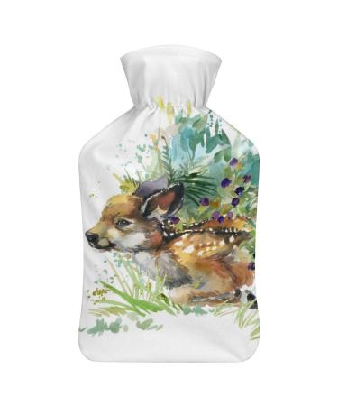 Watercolor Deer Hot Water Bottle With Cover Plush Bed Bottle Hand Warmer For Adults And Children 26.5X15.3cm