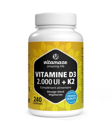 Vitamaze Vitamin D3 K2 All-Trans MK-7 Highly Dosed 2000 IU Vitamin D3 + 100 mcg Vitamin K2 240 Vitamin D Tablets Without Unnecessary Additives Made in Germany