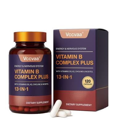 Vccvaa 13-in-1 Vitamin B Complex Plus with Biotin Inositol Folate B12 C D3 K2 Energy Nerve & Immune Support for Men & Women Vegan Non-GMO 120 Capsules