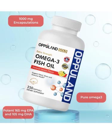 Oppuland - Omega 3 Fatty Acids Fish Oil Supplement - Triple Strength - 1000 mg Encapsulations with EPA 165 mg & DHA 105 mg for Heart Brain & Joint Care - Burpless Omega3 - Lemon Flavor - 250 Softgels - Buy Online on GoSupps.com