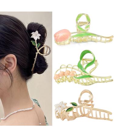 3PCS Flower Metal Hair Claw Clips Large Tulip Hair Claw Nonslip Hair Barrettes Strong Hold Hair Clamps Fashion Hair Accessories for Woman and Girls With Long Thick Thin Curly Hair