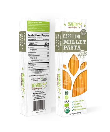 Big Green Organic Food- Organic Millet Capellini, Gluten-Free, Lectin-Free, Non-GMO, Vegan, 6g of Protein, Wheat and Rice Alternative, 8.8oz (1)