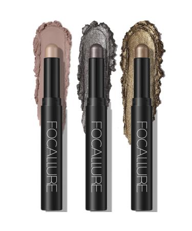 FOCALLURE 3PCS Cream Eyeshadow Stick Sets Matte and Shimmer Eye Brightener Stick Light to Dark Smoky Eyeshadow Pencil Long Lasting Waterproof Eye Shadow Highlighter Stick Makeup Smoky Star