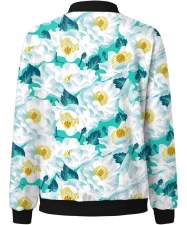 Women's Light Bomber Jacket - Floral Pattern Casual Aviator Zipper Summer Outwear - Mint Green College Jacket - Buy Online on GoSupps.com