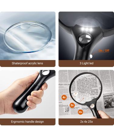 Ezona 5.5 Inch Magnifying Glass with Light - 3 Bright LED, 2X Lens, 4X 25X Zoom - Lightweight Handheld Magnifier for Reading - Buy Online on GoSupps.com
