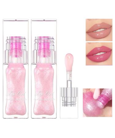 2Pcs Cosmetics Color Changing Lip Oil Cosmetics Color Changing Lip Oil Magic Big Brush Color Changing Lip Oil Warm Change Glitter Lip Gloss with Big Brush Non-sticky Lip Tint Oil