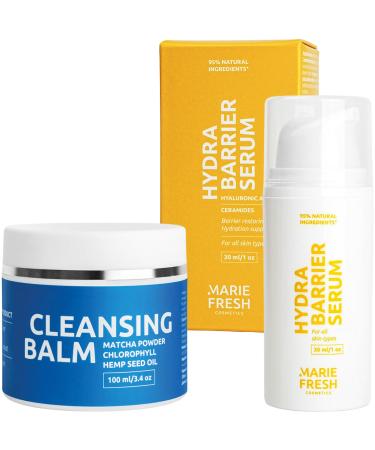 Marie Fresh Cosmetics Combo Pack - Cleaning balm & Hydra Barriere Serum |Deep cleaning & hyaluronic acid |For men & women |Skin care Routine Serum & Cleansing Balm