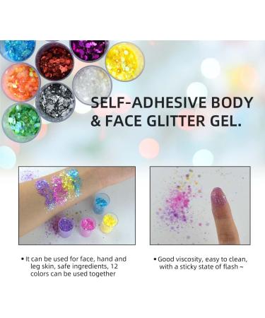 12 Colors Chunky Face Glitter - No Glue Cosmetic Body Nail Eye & Hair Art | Holographic Makeup Sequins for Rave & Festival - Buy Online on GoSupps.com