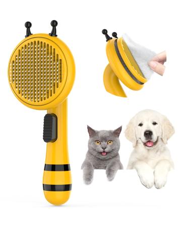 Cat Brush for Shedding - Grooming Brush for Dogs and Cats Self Cleaning Slicker Brushes ,Little Bee Pet Brush for Long or Short Hairs Easy Removes Mats, Tangles Loose Undercoat Hairs(Yellow)