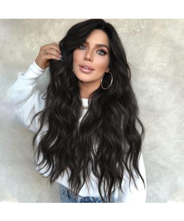 AISI QUEENS Long Black Wavy Wigs for Women Middle Part Curly Black Wig Natural Looking Synthetic Heat Resistant Fiber Wigs Hair Replacement Wigs for Daily Party Use Wig