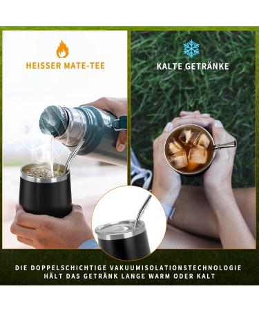 Telanks Mate Becher - 340ml Double-Walled Stainless Steel Yerba Mate Cup with Bombillas & Cleaning Brush | Black - Buy Online on GoSupps.com