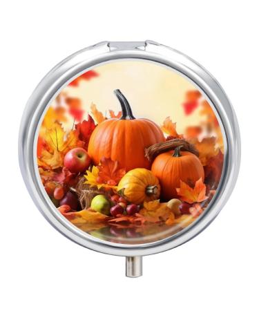 Pill Box Pill Case 3 Compartment Travel Pill Box Autumn Leaves Happy Thanksgiving Day Pumpkin Printing Small Pill Box Portable Medicine Pill Case Pill Organizer for Purse & Pocket for Travel Handbag (