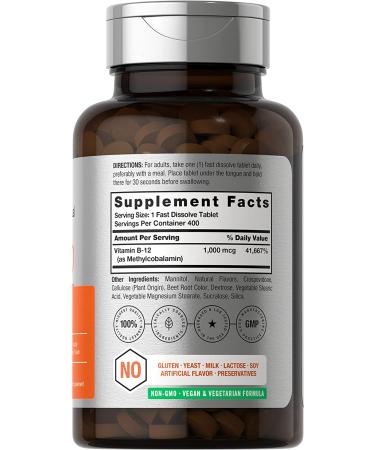 Vitamin B12 Sublingual 1000 mcg | 400 Fast Dissolve Tablets | Methylcobalamin Supplement for Adults | Natural Berry Flavor | Vegan, Vegetarian, Non-GMO | Gluten Free by Horbaach - Buy Online on GoSupps.com