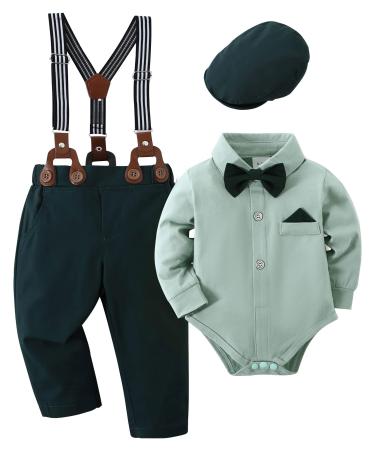 Amissz Baby Boy Gentleman Clothes Suit Set 0-18 Months Infant Tuxedo Long Sleeve Romper + Suspenders Pants with Bowtie Outfit 6-12 Months Green