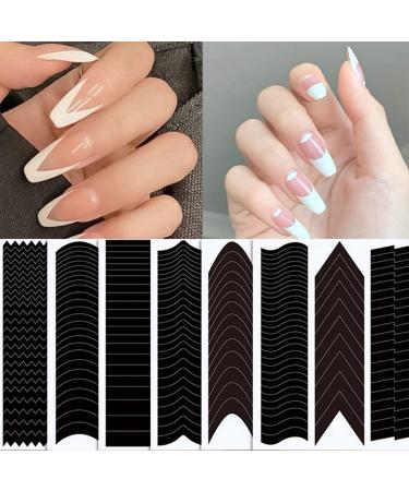 French Manicure Nail Art Stickers Decals 3D Self -Adhesive French Tip Nail Stencils Moon V Shape Design Nail Edge Auxiliary for Designer Nail Decoration French Nail Guides for DIY Nail Tools 6 Sheets C-8
