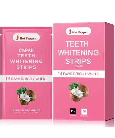 Hot Pepper Professional Teeth Whitening Strip Kit with 8% Pap  56 Pouches 112 Strips Total (Coconut)