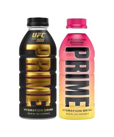 Prime Hydration Sports Drink 2-Pack UFC -300 & Strawberry Banana -Logan Paul & KSI Limited Edition UFC Bottles 500ml Each
