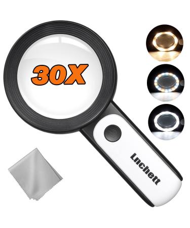 Lnchett 30X Magnifying Glass with Light, Large Reading Magnifying Glasses with 18 LED Lights, Illuminated Magnifier with 3 Modes, Perfect for Reading, Exploring, Jewelry Small