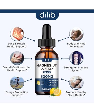 Triple Magnesium Complex Supplement 500mg with Ashwagandha, L-Theanine & Vitamin B6 - Liquid Drops for Calm, Stress Relief, Sleep & Muscle Support - 2 Fl Oz Lemon - Buy Online on GoSupps.com