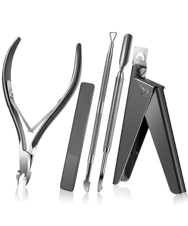 Acrylic Nail Clipper 5 in 1 Kit with Glass Nail File Cuticle Trimmer Nipper and Cuticle Pusher Nail Gel Polish Remover Stainless Steel Professional Manicure Pedicure Christmas Gifts(Black)