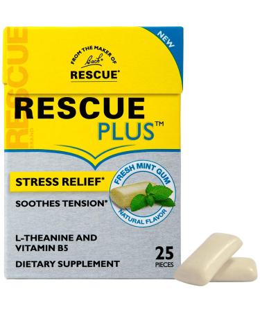 Bach RESCUE PLUS Gum, Natural Mint Flavor, Stress and Tension Relief, L-Theanine and Vitamin B5 Dietary Supplement, Biodegradable Chicle Gum, No Artificial Sweeteners, Flavors, Colors, 25 Pieces