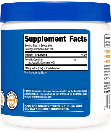 Nutricost Acetyl L-Carnitine Powder - 100g, 1000mg Per Serving - Non-GMO & Gluten Free - 3.52oz (1 Pack) - Buy Online on GoSupps.com