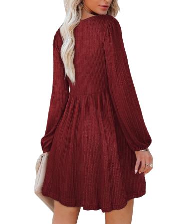 Aokosor Square Neck Long Sleeve Knit Dress - Red | Knee Length Babydoll Dress - Buy Online on GoSupps.com