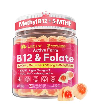 Methyl B12 5000mcg & L-Methylfolate Gummies for Women Men - Active 5-MTHF & Methylted B-Complex Multivitamin Supplement + B6 Choline TMG for Cellular Energy Cognition Methylation MTHFR Gene 60Cts 60 Count (Pack of 1)