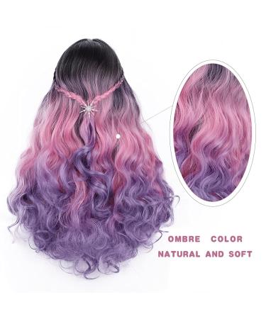 Ombre Long Wavy Synthetic Wig - Black to Pink & Purple for Cosplay & Daily Wear - Buy Online on GoSupps.com