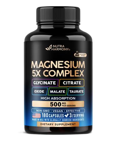 Magnesium Supplement - 5 in 1 Complex | Glycinate | Citrate | Malate | Taurate | Oxide - Made in USA - Stress Muscle & Heart Support - Vegan Natural Non-GMO - 180 Capsules 2 Month Supply 180 Count (Pack of 1)