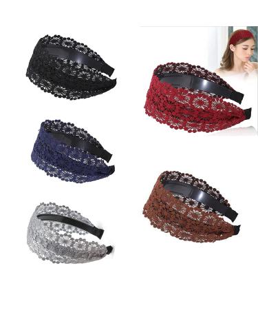 DORIS&JACKY Fashion 2.5 Inch Wide Lace Headbands Elastic Hairbands With Teeth Headwear Accessories For Women And Girls (LACE-5 pcs)