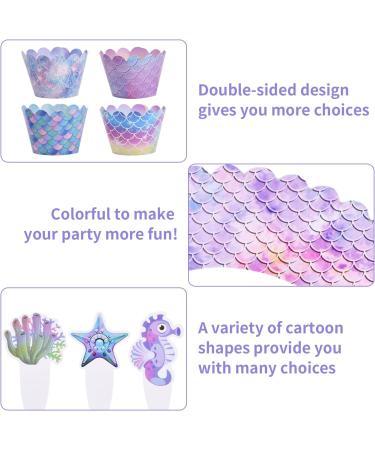48Pcs Mermaid Cupcake Toppers and Wrappers: Undersea Delight for Girls' Birthday Parties Double-Sided Little Mermaid Theme Cake Decorations Ideal for Baby Showers and More - Buy Online on GoSupps.com