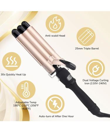 3 Barrel Hair Waver Curling Iron | 25mm Mermaid Curler with 2 Temperature Control | Quick Heating Styling Tool for Long Short Hair | Includes Heat-Resistant Gloves | Gold - Buy Online on GoSupps.com