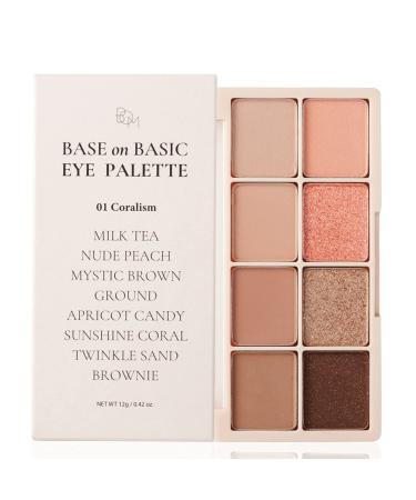 BOM Base on Basic Eye Palette 01Coralism with natural base warm and neutral eyeshadow palette 8 colors