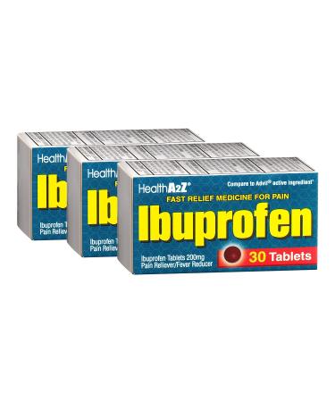 HealthA2Z Ibuprofen 200mg | Pain Relief | Body Aches | Headache | Arthritis | Cramps | Back Pain | Fever Reducer (30 Counts (Pack of 3)) 30 Count (Pack of 1)