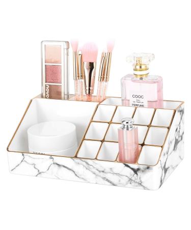 Lewondr Makeup Organizer, 12-Lipstick Slots and 4-Compartments Cosmetic Storage Display Case with Unique Gold-stamping Edges, Makeup Accessories Storage Stand for Lipstick, Brushes, 8.5"x4.7"(22x12cm) Marble White