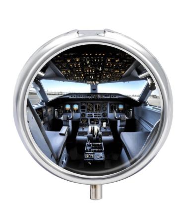 Round Pill Box Airplane Cockpit Print 3 Compartment Medicine Pill Case Print Pill Organizer Decorative Metal Portable Pill Box Pocket Pill Box