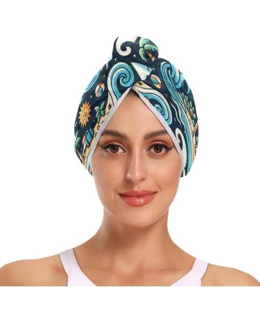 Wrapping All Prints Dark Ocean Blue Hair Towel 2 Pack Super Absorbent Hair Drying Towel Quick Dry Hair Turbans Head Towel with Button Twisty Wrap for Women Girls