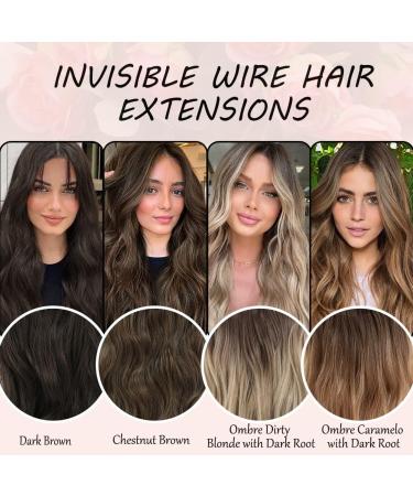 Invisible Wire Hair Extension Clip in Natural Wavy Synthetic Hair 20inch Ombre Caramelo with Dark Root - Adjustable Size, 2 Secure Clips - Long Curly Secret Hair Piece for Women - Buy Online on GoSupps.com