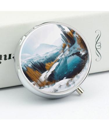 Round Pill Box with Winter Mountains Snow Scene | 3 Compartment Portable Pill Organizer | Decorative Metal Pocket Pill Case - Style 31 - Buy Online on GoSupps.com