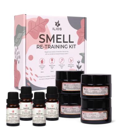 Ilios Olfactory Smell Training Kit, 4 Essential Oils, All Natural Stimulating Aromatherapy for Loss of Senses with Lemon, Clove, Rose, Eucalyptus, and Accessories