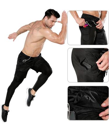 OEBLD Men's 2-in-1 Compression Running Workout Pants with Towel Loop - Large Black - Buy Online on GoSupps.com